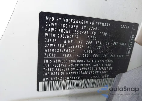 2016 Volkswagen Tiguan R-Line/S/Se/Sel z USA, uszkodzony, nr VIN WVGBV7AX6GW586401